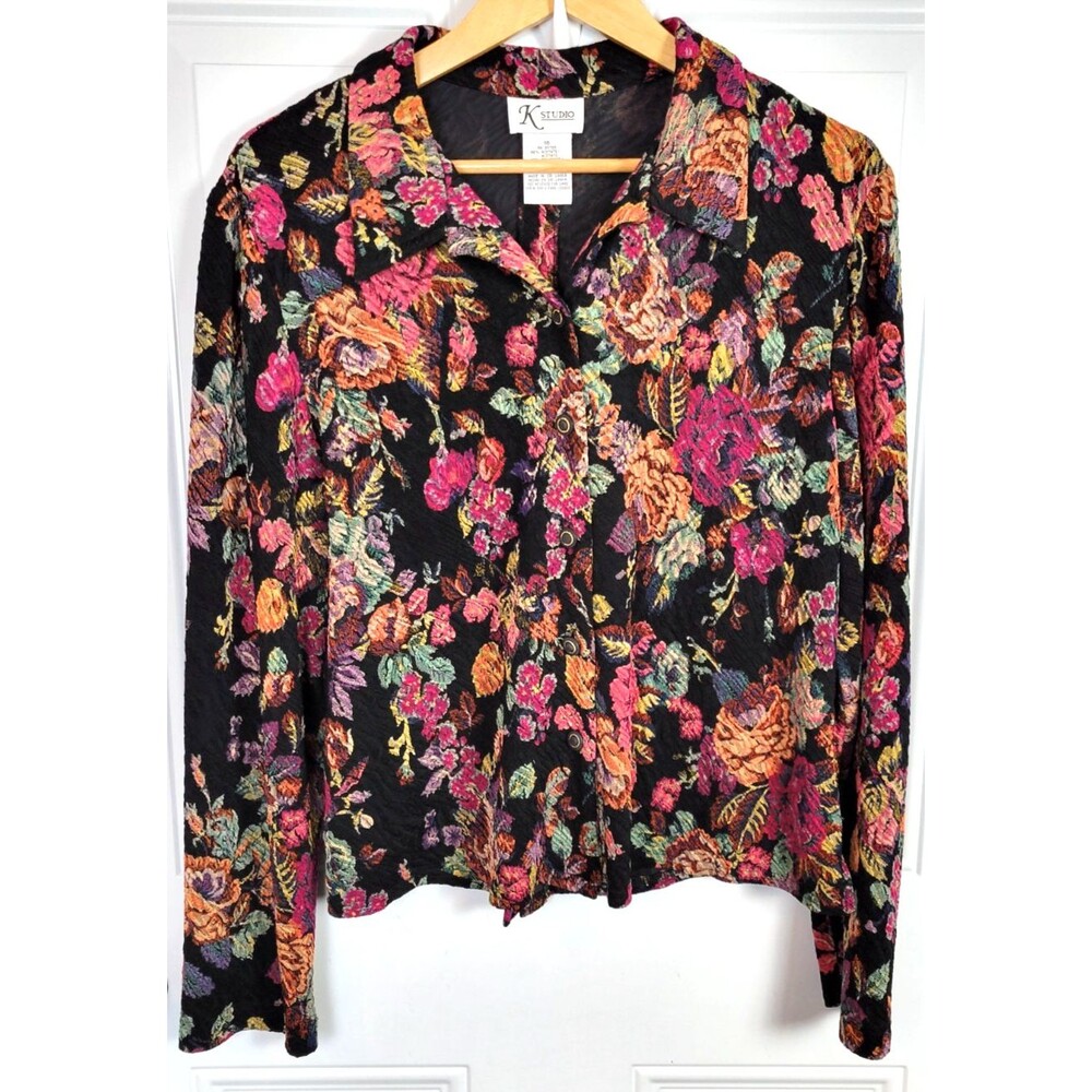 Vintage K Studio Floral Button Front Top Size 16